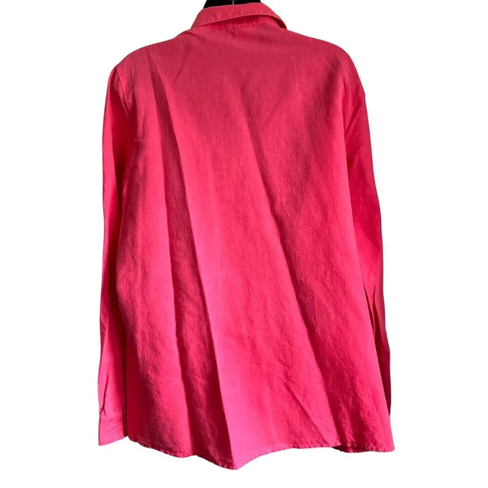 Vintage Pink Button-Up Linen Blend Shirt with Collared Neck & Chest Pockets - Picture 7 of 11